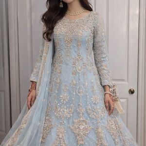 Pakistani Bridal heavy stone work Elegant Blue Dress